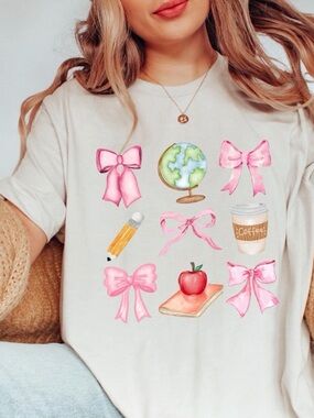 SHEIN Cream Tee with Pink Bow & School Motif